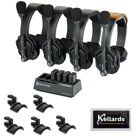 Hollyland Solidcom SE Global 4S 4-Person Full-Duplex Single-Ear Noise-Canceling Headset Intercom System (2.4 GHz) Bundle with Headphone Holder With Padded Cradle (4 pcs) and Cleaning cloth (5-Pack)