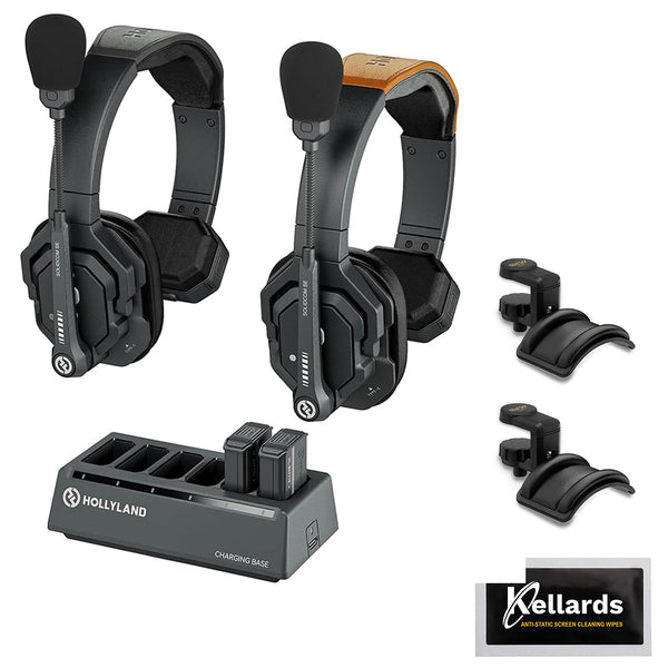 Hollyland Solidcom SE Global 2S 2-Person Full-Duplex Single-Ear Noise-Canceling Headset Intercom System (2.4 GHz) Bundle with Headphone Holder With Padded Cradle (2 pcs) and Cleaning cloth (5-Pack)