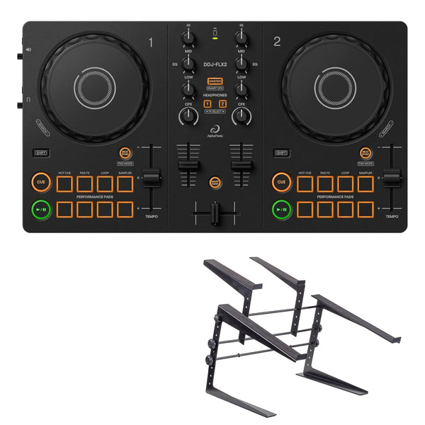 Pioneer DJ AlphaTheta DDJ-FLX2 DJ Controller for rekordbox, Serato DJ Lite, and djay Bundle with Headliner Covina DJ Controller Stand