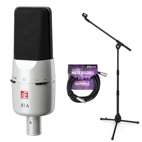 Mother Mantis: sE Electronics X1 A Medium-Diaphragm Cardioid Condenser Microphone (White 25th Anniversary Edition) Bundle with Kellards XLR-P20T Pro 20' XLR Microphone Cable and Microphone Stand with Boom SE Electronics