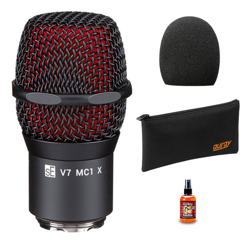 sE Electronics V7 MC1 X Supercardioid Dynamic Microphone Capsule for Shure Wireless Handheld Transmitters (Black) Bundle with WHF-158 Foam Windscreen (Black), Zippered Pouch and Microphone Sanitizer