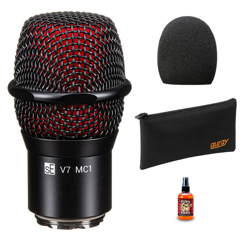 sE Electronics V7 MC1 Supercardioid Dynamic Microphone Capsule for Shure Wireless Handheld Transmitters (Black) Bundle with WHF-158 Foam Windscreen (Black), Zippered Pouch and Mic Cleaning Spray