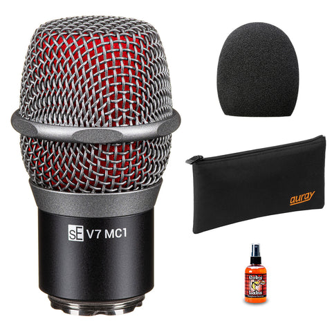 sE Electronics V7 MC1 Supercardioid Dynamic Microphone Capsule for Shure Wireless Handheld Transmitters (Silver) Bundle with WHF-158 Foam Windscreen (Black), Zippered Pouch and Mic Cleaning Spray