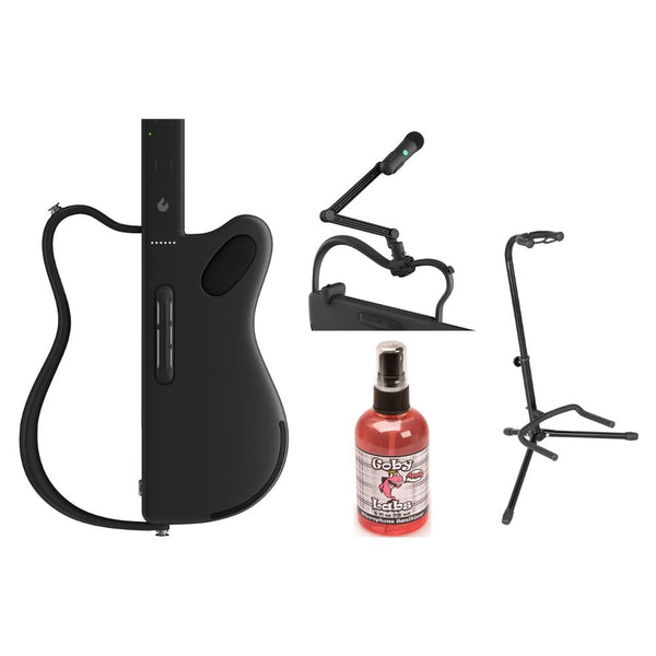 LAVA GENIE Stringless Guitar with Travel Case Black Bundle with LAVA GENIE Wireless Microphone Set, Rok-It Tripod Guitar Stand, Goby Labs Microphone Sanitizer