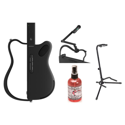 LAVA GENIE Stringless Guitar with Travel Case Black Bundle with LAVA GENIE Wireless Microphone Set, Rok-It Tripod Guitar Stand, Goby Labs Microphone Sanitizer