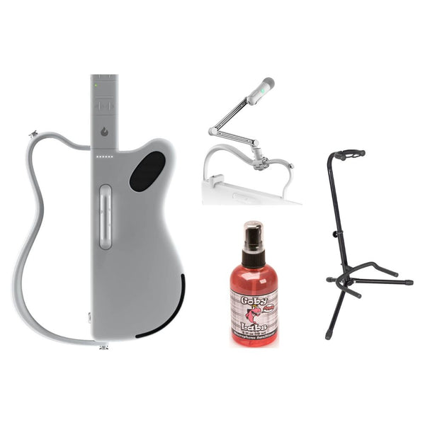 LAVA GENIE 9270002 Sampler Guitar No Strings Attached White Bundle with LAVA GENIE Wireless Microphone Set, Rok-It Tripod Guitar Stand, Goby Labs Microphone Sanitizer