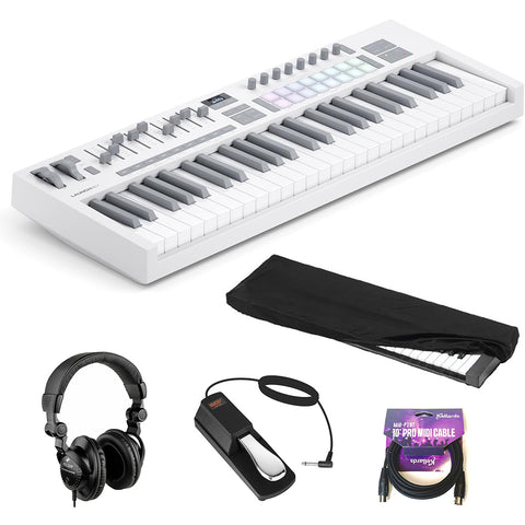 Novation Launchkey 49 MK4 USB MIDI Keyboard Controller (White, 49 Keys) Bundle with Closed-Back Studio Monitor Headphones, Keyboard Dust Cover, MIDI Cable 10' and FP-P1L Universal Sustain Pedal