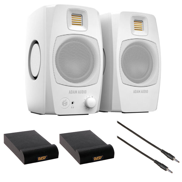 Adam  Audio D3V Active Desktop Monitoring System (White) Bundle with Auray IP-S Isolation Pad for Studio Monitor (Pair) and Comprehensive 3.5mm Stereo Male to Male Cable (6')