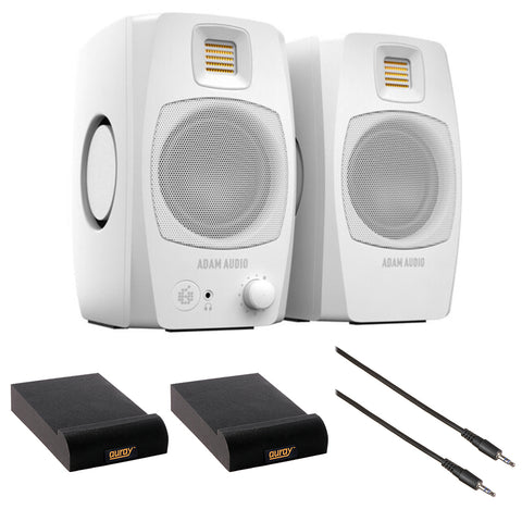 Adam  Audio D3V Active Desktop Monitoring System (White) Bundle with Auray IP-S Isolation Pad for Studio Monitor (Pair) and Comprehensive 3.5mm Stereo Male to Male Cable (6')