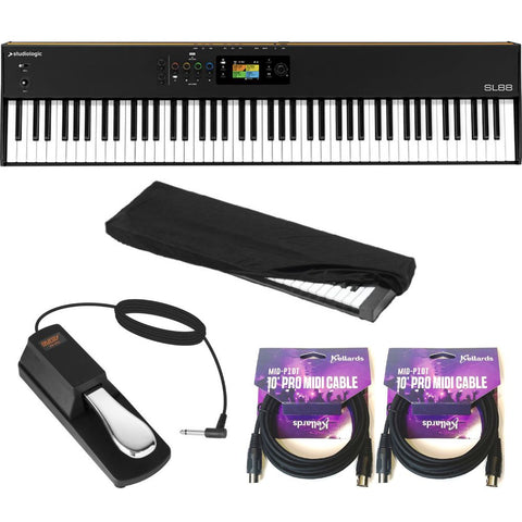 StudioLogic SL88 MK2 88-Key MIDI Controller Hammer Bundle with Kaces KKC-LG Stretchy Keyboard Dust Cover, Kellards MID-P10T Pro MIDI to MIDI Cable 10 Feet (2 Pack), Auray FP-P1L Universal Piano-Style