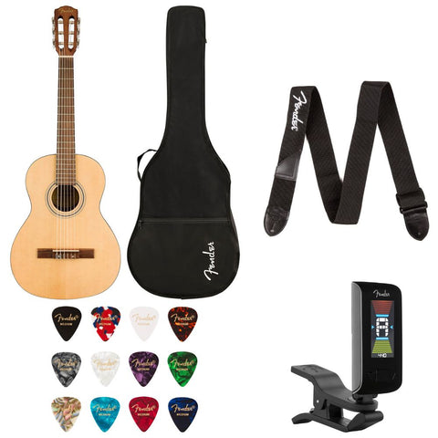 Fender CN-30 Nylon String 3/4-Size Acoustic Guitar Walnut Natural Bundle with Fender Celluloid Guitar Picks, Color Medley Medium 12-Pack, Fender Logo Guitar Strap 2in Logo, Fender Original Tuner Black