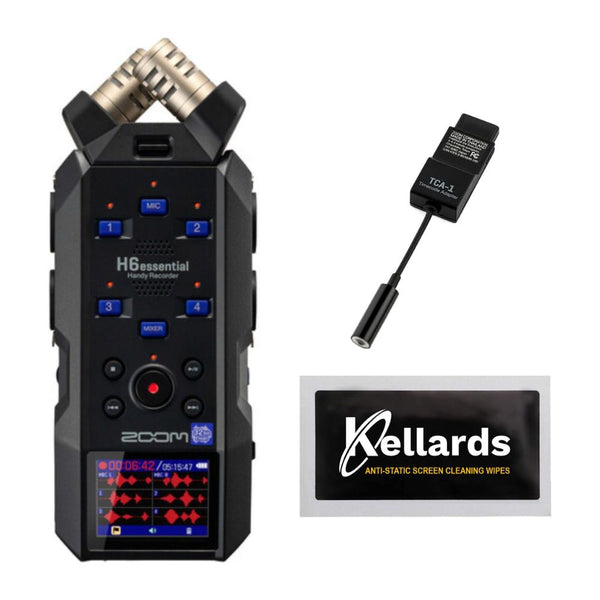 Zoom H6essential 6-Track 32-Bit Float Portable Audio Recorder Bundle with Zoom TCA-1 Timecode Adapter, Screen cleaning cloth (5-Pack)