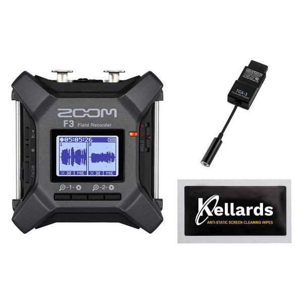 Zoom F3 2-Input / 2-Track Multitrack Portable Field Recorder Bundle with Zoom TCA-1 Timecode Adapter, Screen cleaning cloth (5-Pack)