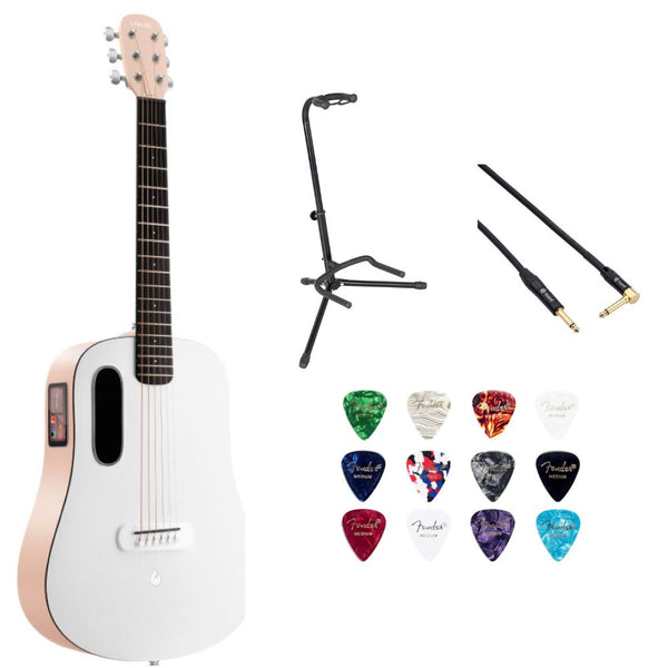 LAVA ME PLAY 36 w/ Lite Bag Light Peach/Frost White w/ Gator Rok-It Tripod Guitar Stand, Kopul PREM Performance Series Right Angle Cable and Fender Celluloid Guitar Picks Shape Medium 12-Pack Bundle