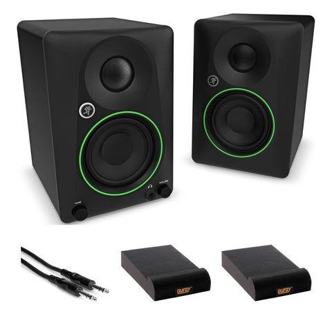Mackie CR3.5 Creative Reference Powered 3.5" Studio Monitors Pair Black Bundle with Hosa Stereo 1/4" Male Phone to 1/4" Male Phone TRS Cable 10, Auray IP-S Isolation Pad for Studio Monitor (2-Pack)