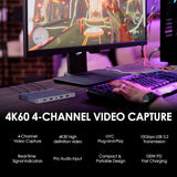 CineTreak CT-4 4K Video Capture Card - 4 HDMI Inputs, UVC Plug-and-Play, Simultaneous 4-Channel Capture, 10Gbps USB 3.2, Pro Audio Input, 100W PD Charging, for Streaming, Gaming, Video Production