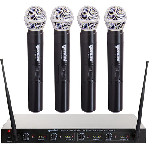 Gemini Sound UHF-04M Wireless Cordless Professional Set of 4 Handheld Microphones and Receiver for DJ, Karaoke, Stage Performance or PA System Four Pack