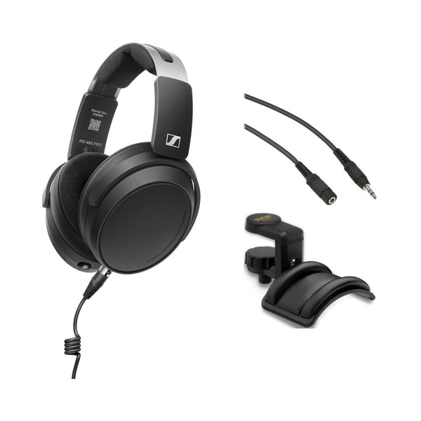 HD 480 PRO Plus Professional Closed-Back Studio Headphones, Black Bundle with Auray Headphone Holder With Padded Cradle, Pearstone Stereo Mini Male to Stereo Mini Female Extension Cable Black 3