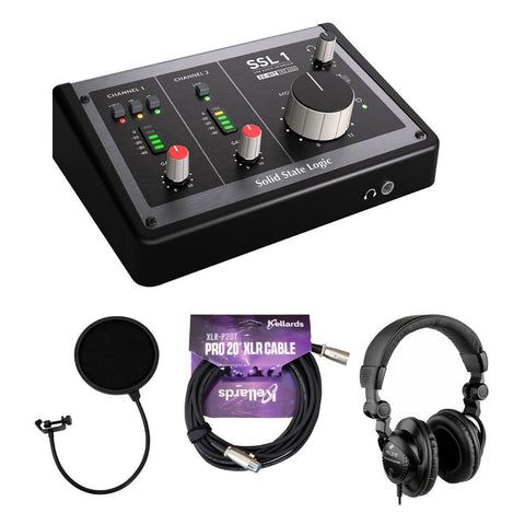 Solid State Logic SSL 1 2x2 USB-C Audio Interface Bundle with Pop Filter, Kellards XLR-P20T Pro 20 ft XLR Microphone Cable, Polsen HPC-A30 Closed-Back Studio Monitor Headphones