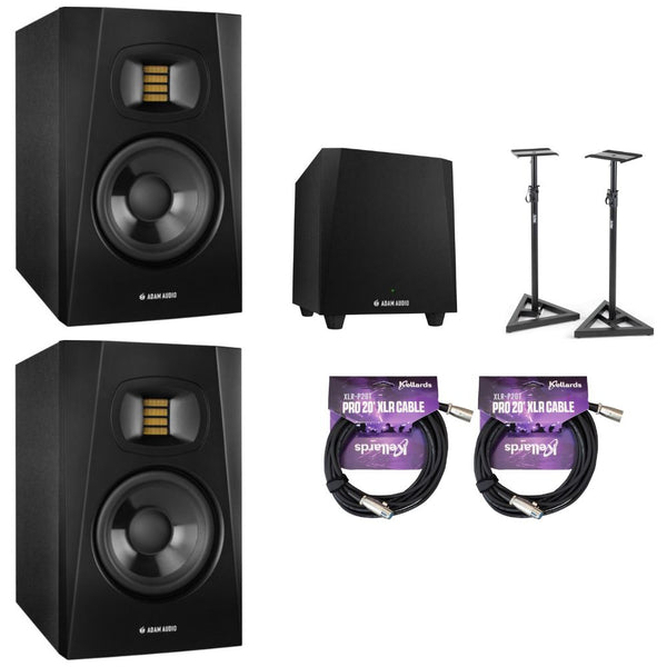 Adam Professional Audio T5V T-Series Active Nearfield Monitor (2 Pack) Bundle with Adam Audio T10S 130W 10" Active Subwoofer, On-Stage SMS6000-P Studio Monitor Stand, Kellards to MIDI Cable (2 Pack)