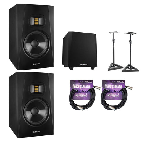 Adam Professional Audio T7V T-Series Active Nearfield Monitor (2 Pack) Bundle with Adam Audio T10S 130W 10" Active Subwoofer, On-Stage SMS6000-P Studio Monitor Stand, Kellards to MIDI Cable (2 Pack)