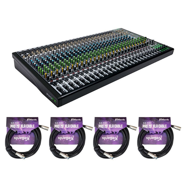 Mackie ProFX30v3 30-Channel Sound Reinforcement Mixer with Built-In FX Bundle with Kellards XLR-P20T Pro 20 ft XLR Microphone Cable (Pack of 4)