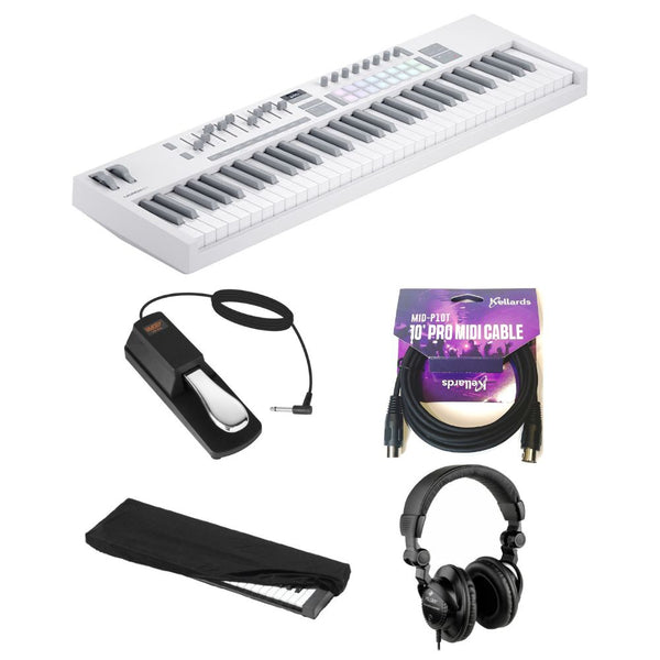 Novation Launchkey 61 MK4 USB MIDI Keyboard Controller (White, 61 Keys) Bundle with Auray Universal Piano Sustain Pedal, Kellards 10ft MIDI Cable, Kaces Medium Dust Cover & Polsen Headphones