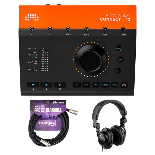 Bitwig Connect 4/12 USB-C Audio/CV/MIDI Interface Bundle with Kellards XLR-P20T Pro 20 ft XLR Microphone Cable, Polsen HPC-A30 Closed-Back Studio Monitor Headphones