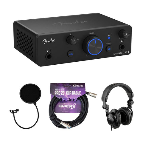 Fender Quantum LT 2 2x2 USB-C Audio Interface Bundle with Pop Filter, Kellards XLR-P20T Pro 20 ft XLR Microphone Cable, Polsen HPC-A30 Closed-Back Studio Monitor Headphones
