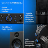 Fender Quantum LT 2 2x2 USB-C Audio Interface Complete Bundle with Kellards Stand, Pop Filter, Auray Holder, Polsen Headphones, Polsen M-85 Dynamic Mic & 20ft XLR Cable