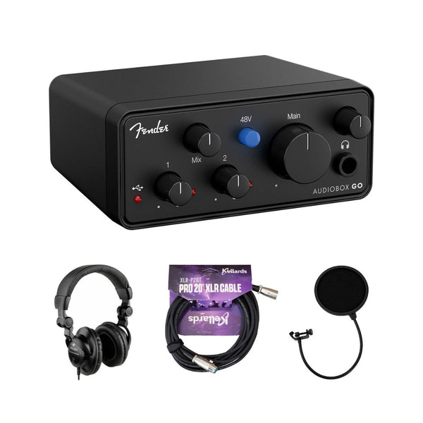 Fender AudioBox Go 2x2 USB-C Audio Interface Bundle with Polsen HPC-A30 Closed-Back Studio Monitor Headphones, Kellards XLR-P20T Pro 20 ft XLR Microphone Cable, Pop Filter