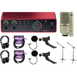 Focusrite Scarlett 2i2 USB-C Audio Interface Bundle with (2 packs each): MXL 990/991 Mics, Pop Filters, Boom Stands, Polsen Studio Headphones, 20ft XLR Cables, & Headphone Clamps