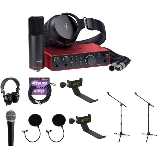 Focusrite Scarlett 2i2 Studio 4th Gen USB-C Audio Interface Bundle with Polsen M-85 Mic, HPC-A30 Headphones, XLR Cable, Boom Mic Stands (2 Pack), Headphone Holders (2 Pack) & Pop Filters (2 Pack)