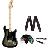 Squier Affinity Series Stratocaster FMT Electric Guitar, Black Burst, Maple Fingerboard Bundle with Fender 2" Guitar Strap, 12-Pack Guitar Picks, and 10ft Pro Instrument Cable (Straight/Angle)