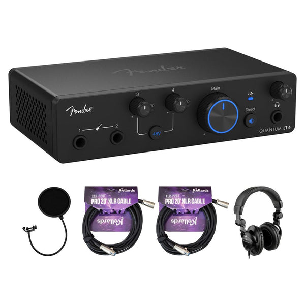 Fender Quantum LT 4 4x2 USB-C Audio Interface Bundle with Pop Filter, Kellards XLR-P20T Pro 20 ft XLR Microphone Cable (Pack of 2), Polsen HPC-A30 Closed-Back Studio Monitor Headphones