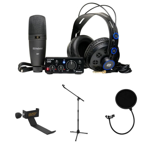 PreSonus AudioBox Go Creator Hardware/Software Recording Bundle Bundle with Auray COHH-2 Clamp On Headphone Holder For Mic Stand, Kellards PST2 Adjustable Height Microphone Stand with Boom, Pop Filter