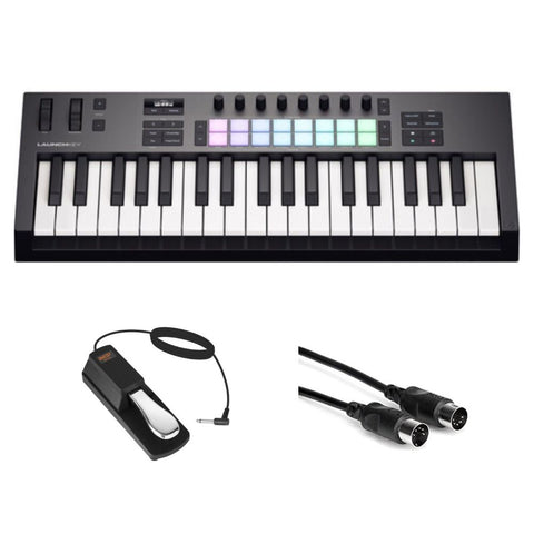 Mother Mantis: Novation Launchkey 37 MK4 USB MIDI Keyboard Controller (37-Key) Bundle with Auray FP-P1L Universal Piano-Style Sustain Pedal, Hosa Mid-310 Black 10 ft. Midi cable Novation