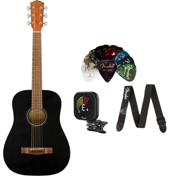 Fender FA-15 3/4 Scale Steel Acoustic Guitar Black Bundle with Fender Classic Celluloid Guitar Picks 12-Pack, Fender Logo Guitar Strap 2in Black with White Logo, Fender Flash Guitar Tuner