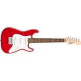 Squier Mini Stratocaster Electric Guitar, Laurel Fingerboard (Dakota Red) Bundle with Fender Logo Guitar Strap, Instrument Cable 10' and Celluloid Guitar Picks 351 Shape