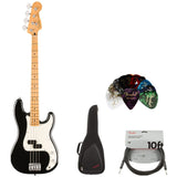 Fender Player II Precision Bass - Black with Maple Fingerboard Bundle with Fender Electric Guitar Gig Bag Black, Fender Classic Guitar Picks 351 Shape 12-Pack, 10ft Fender Series Cable Straight Black