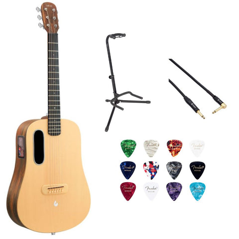 LAVA ME 4 Spruce 41" with Airflow BagWoodgrain Brown & Burlywood Bundle with Rok-It Tripod Guitar Stand, Kopul PREM Performance Series Right Angle Cable and Celluloid Guitar Picks Shape Medium 12-Pack