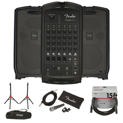 Fender Passport Event Series 2 Portable 375W Powered PA System Bundle with Fender Compact Speaker Stands, with Bag, P-52S Microphone Kit and Professional Series Cable 15'