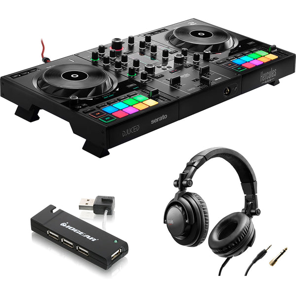 Hercules DJControl Inpulse 500 DJ Software Controller Bundle with Hercules Closed-Back, Over-Ear DJ Headphones and IOGEAR 4-Port USB 2.0 Hub