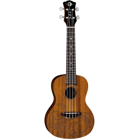 Luna Tattoo Concert Mahogany Ukulele with Gig Bag, Satin Natural