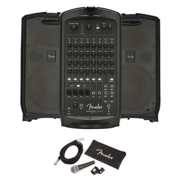 Fender 6944000000 Passport Venue Series 2 Portable Powered PA System Bundle with Fender P-52S Microphone Kit, Black