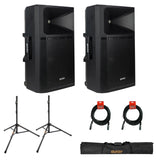 Gemini Sound GSP-2200: Elite 2200W 15" Active DJ PA Speaker with Bluetooth Stereo, Integrated 3-Channel Mixer (Pair) Bundle with Auray Steel Speaker Stands with Case and 2x XLR-XLR cable