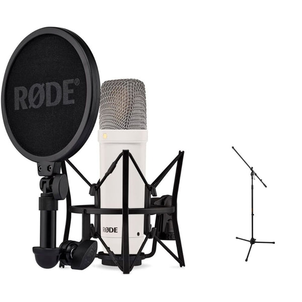 RODE NT1 Signature Series Large-Diaphragm Condenser Microphone (White) Bundle with Mic Stand with Fixed Boom