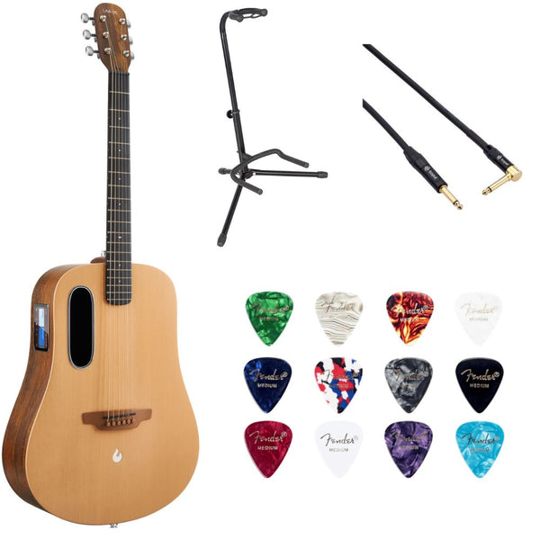 LAVA ME 4 Spruce 41" with Airflow Bag Bundle with Classic Celluloid Guitar Pick 351 Shape Medley 12-Pack, Rok-It Tripod Guitar Stand, Kopul Premium 3000 Male Instrument Cable