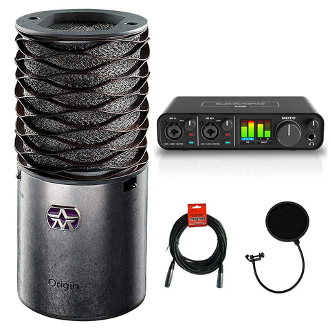 Aston Microphones Origin Large Diaphragm Cardioid Condenser Microphone Bundle with Motu M2 2x2 USB Audio Interface, Pop Filter and XLR- XLR Cable