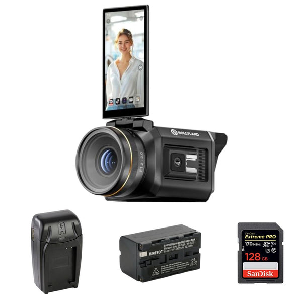 Hollyland VenusLiv V2 Wireless Live Streaming Camera Bundle with SanDisk 128GB Memory Card, SDSDXXY-128G-ANCIN, Watson NP-F770 Lithium-Ion Battery Pack (7.4V, 4400mAh), Watson Compact AC/DC Charger
